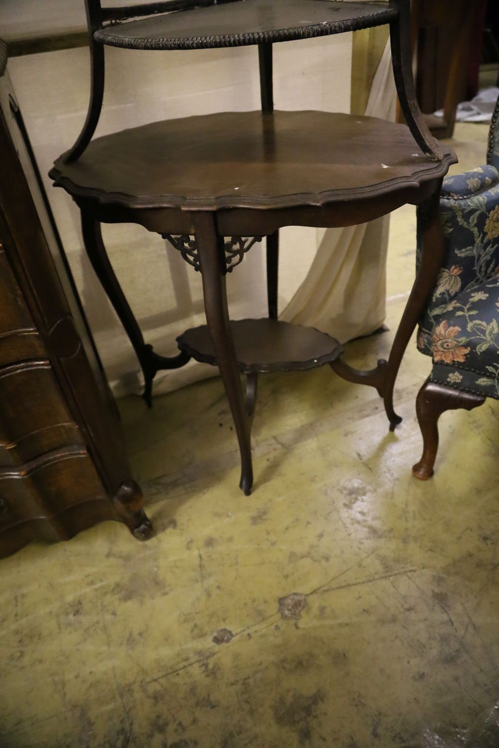 A late Victorian oval mahogany centre table, width 74cm, together with a folding table and a corner table